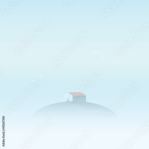 Lake house on the island vector illustration. Nature outdoor landscape background.