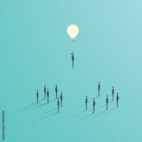 Creative idea best solution business vector concept. Businessman flying on a light bulb as a symbol of creativity.