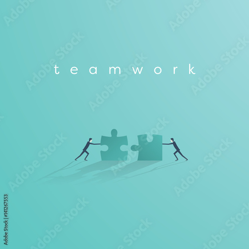 Businessman pushing jigsaw puzzle to complete it. Business teamwork concept vector symbol. Idea of cooperation and collaboration.