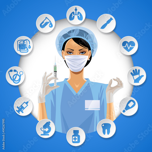 Nurse girl in a round frame with medical care icon set