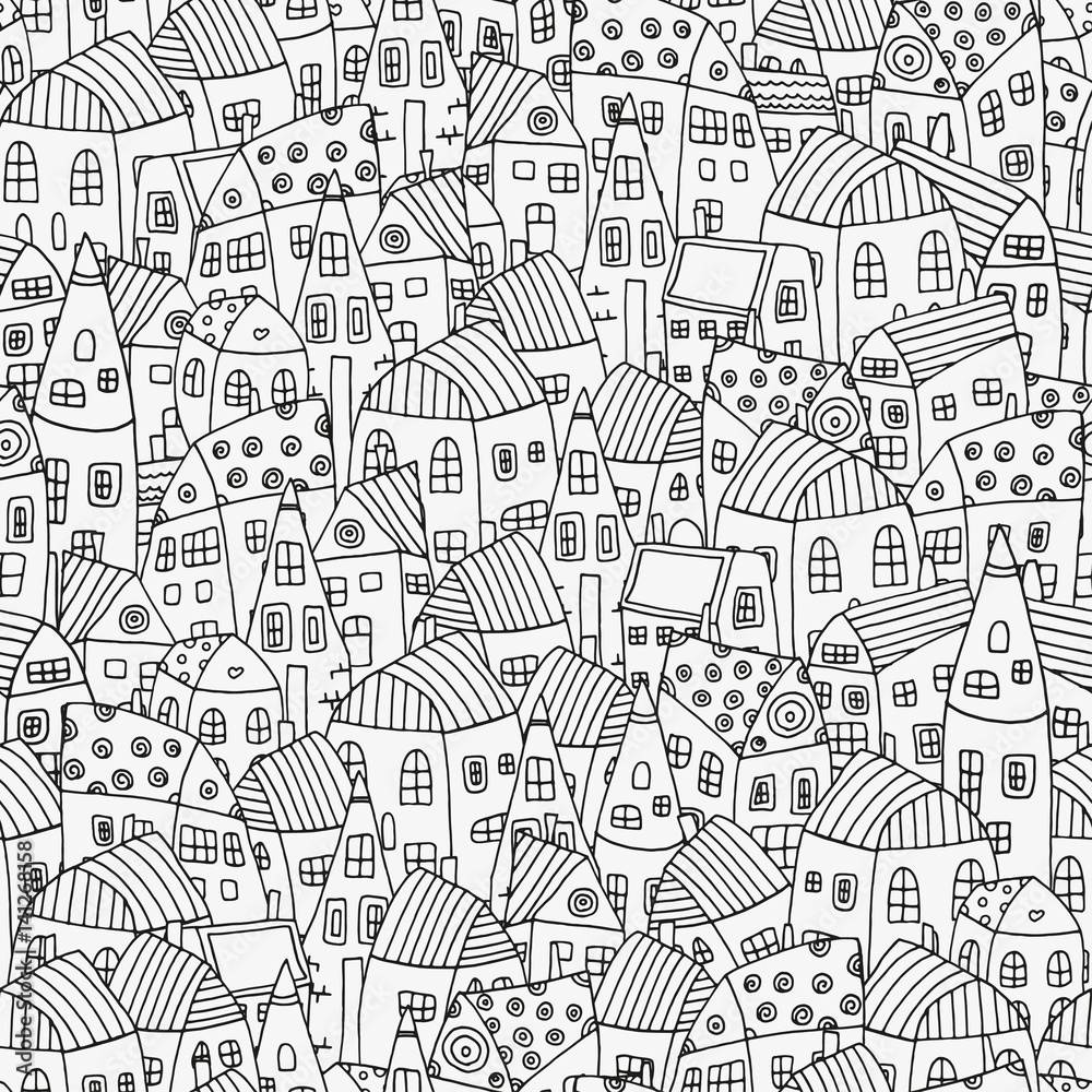 Seamless Pattern for coloring book with houses.