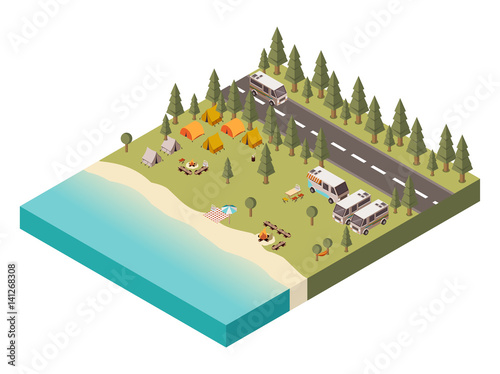 Campsite With Road Isometric Illustration