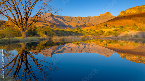 Fotografia Drakensberg mountains of the amphitheatre reflected in a lake early on a mid-win