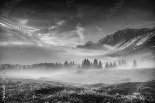 Alpine landscape with fog in black and white