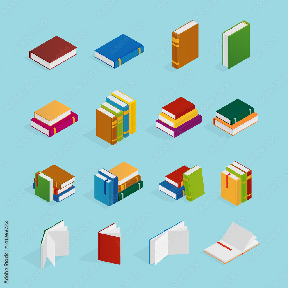 Books Isometric Icons Set