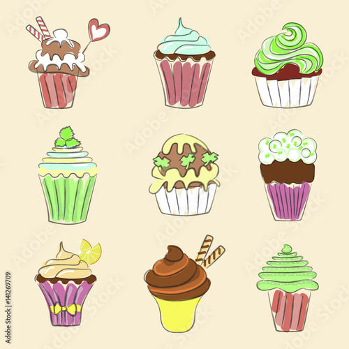Collection of Hand drawn cupcakes  sketch style. Isolated on white background. Pastel colors. Vector illustration eps 10