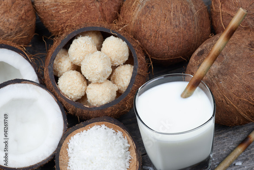 Toffee and coconut sweets and coconut drink