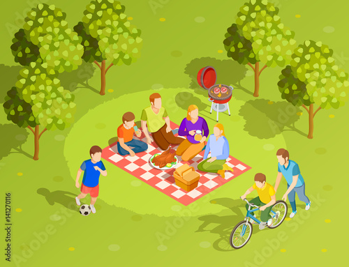 Family Summer Countryside Picnic Isometric View 