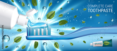 Antibacterial toothpaste ads. Vector 3d Illustration with toothpaste and mind leaves.