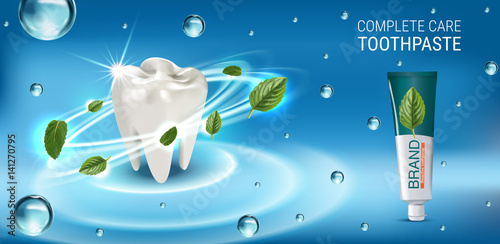 Antibacterial toothpaste ads. Vector 3d Illustration with toothpaste and mind leaves.