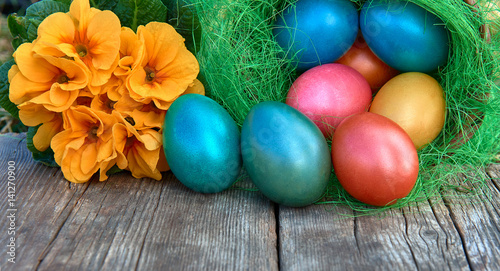 Easter eggs in nest on old wooden background with yellow flower