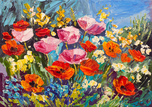 Oil painting of spring flowers on canvas, art work