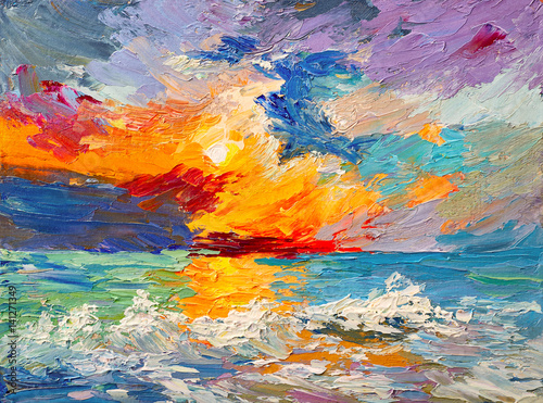 Obraz na płótnie Obraz olejny morza, wielobarwny zachód słońca na horyzoncie, akwarela