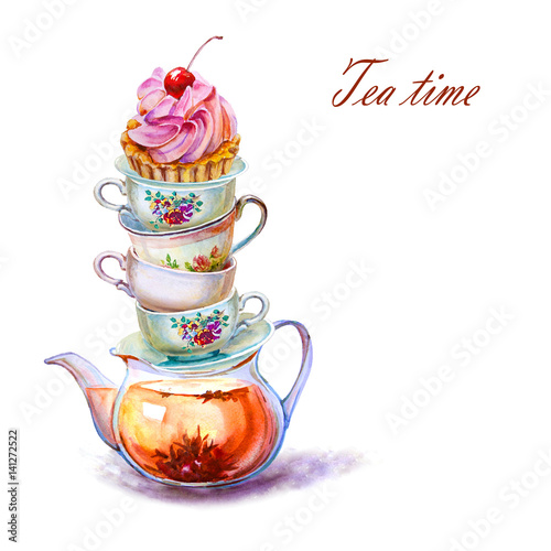 Party colorful tea cup and saucer with girl Cupcake closeup. Sketch handmade. Watercolor illustration on white background photo