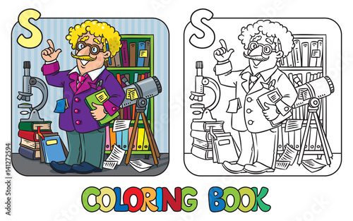 Coloring book of funny scientist or inventor