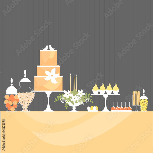 Candy Buffet with cake and flowers. Wedding cake with birds. Wedding sweet table. Vector illustration.