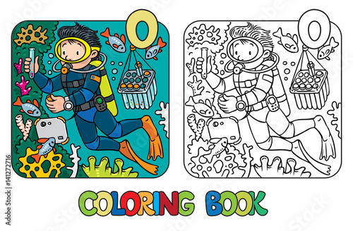 Funny oceanographer or diver. Coloring book