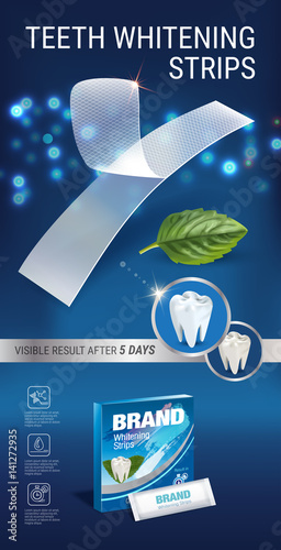 Professional Whitening Stripes ads. Vector 3d Illustration with dental bleaching whiter and diamonds