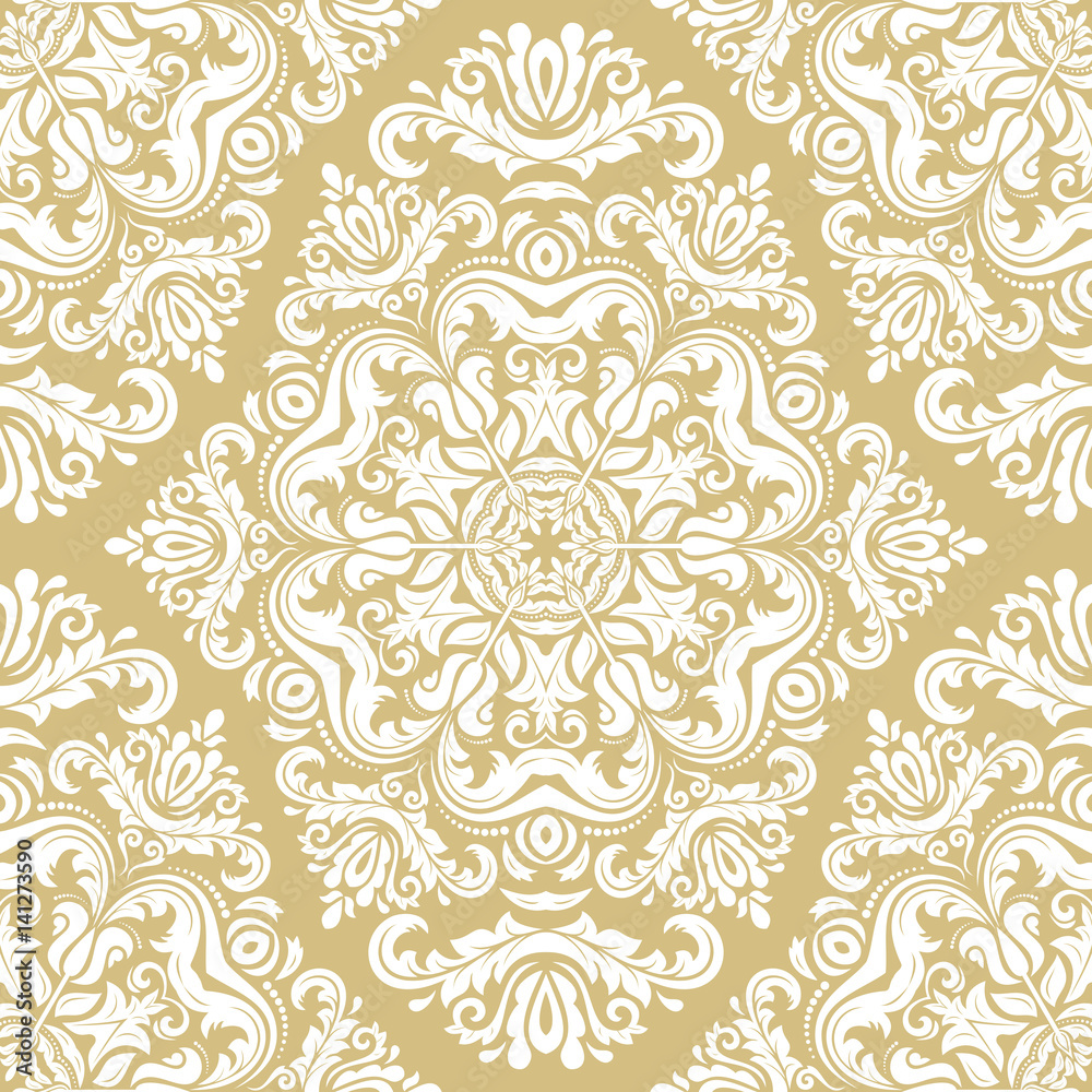 Damask vector classic golden and white pattern. Seamless abstract background with repeating elements. Orient background Damask vector classic golden and white pattern. Seamless abstract background with repeating elements. Orient background