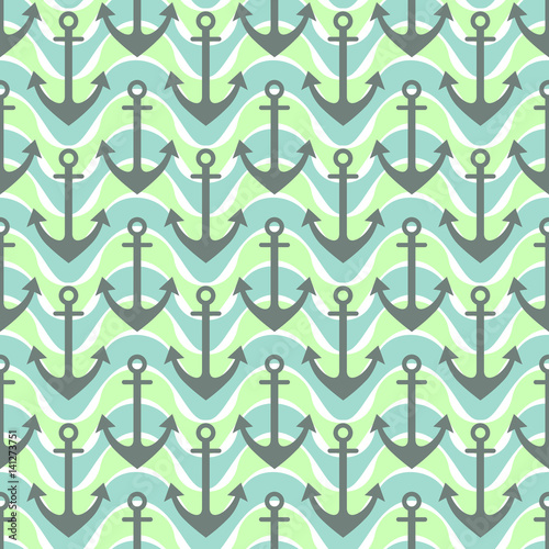Vector seamless pattern with anchor, waves. Symmetrical green background, nautical theme. Graphic illustration. Template for wrapping, backgrounds, fabric, prints, decor, surface