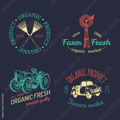 Vector set of farm fresh logotypes. Bio products badges collection. Vintage hand sketched agricultural equipment icons.