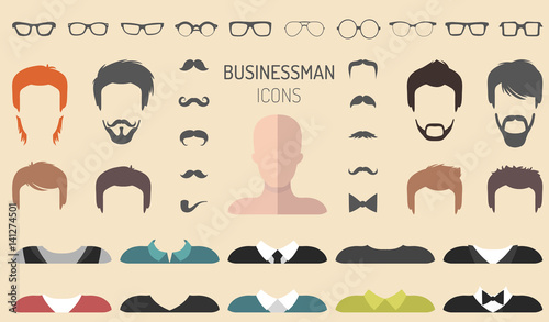 Vector set of dress up constructor with different businessman glasses, beard etc. in flat style. Male faces icon creator