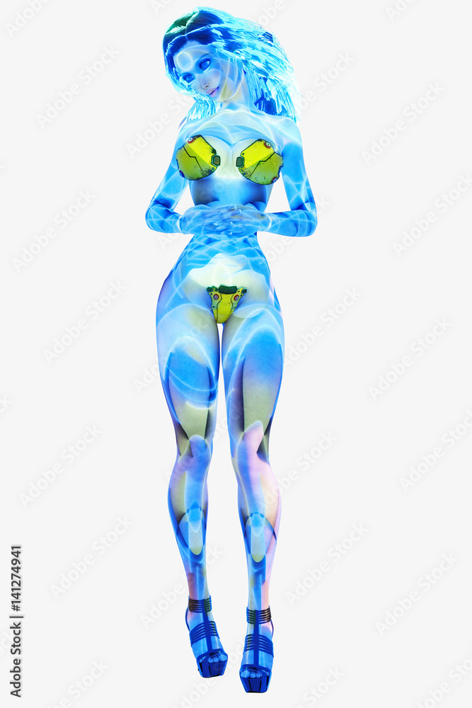 Woman body of Light on white background. Magical Color Lights. Translucent girl. Conceptual fashion art. Seductive candid pose. Photorealistic 3D render illustration. Isolate. Studio.