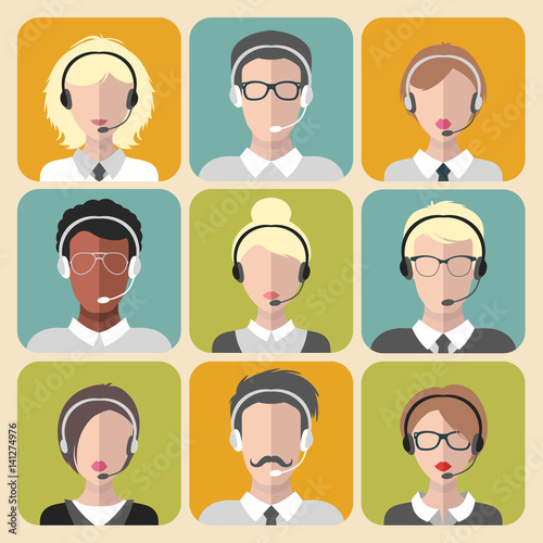 Vector set of different man and woman working in call center app icons in trendy flat style.