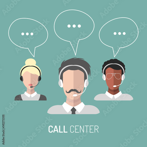 Vector illustration of customer service, call center operators icons with headsets.