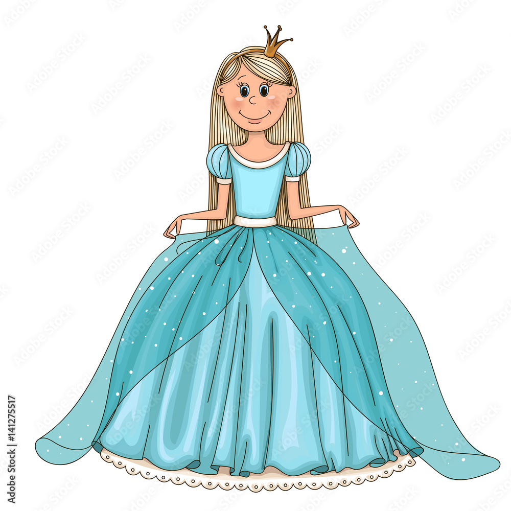 Pretty cartoon princess with long hair in a ball gown.