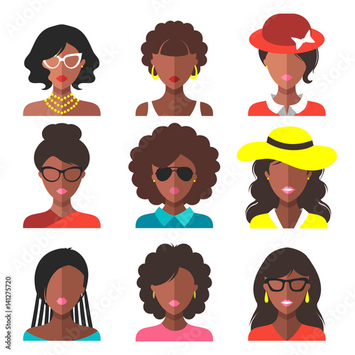 Vector set of different african american woman app icons in trendy flat style.