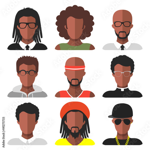 Vector set of different african american man app icons in trendy flat style.