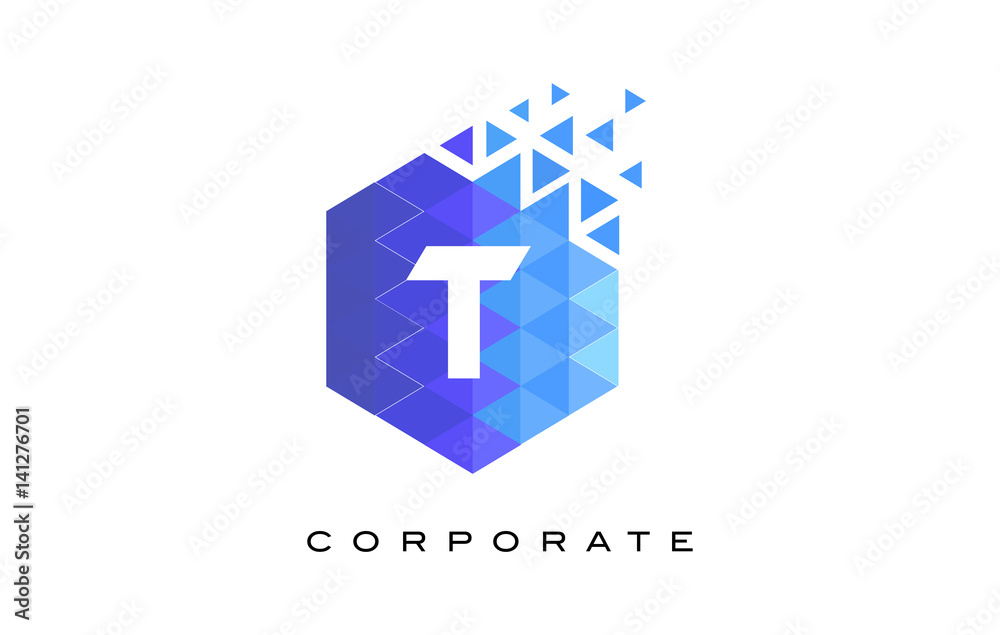 Obraz premium T Blue Hexagonal Letter Logo Design with Mosaic Pattern.