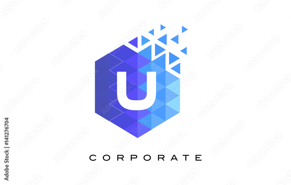 Fototapeta premium U Blue Hexagonal Letter Logo Design with Mosaic Pattern.