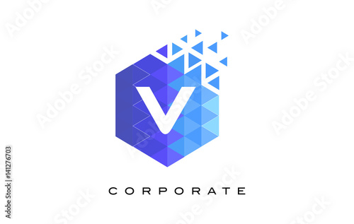 V Blue Hexagonal Letter Logo Design with Mosaic Pattern.