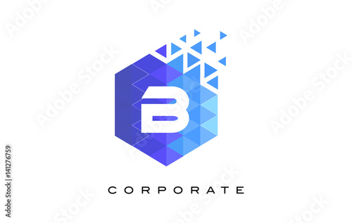 B Blue Hexagonal Letter Logo Design with Mosaic Pattern.