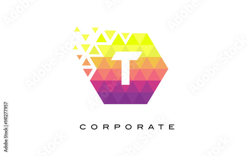 T Colorful Hexagonal Letter Logo Design with Rainbow Mosaic Pattern.