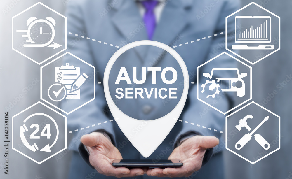 Auto repair service. Center tuning car. Man offers smartphone with location automobile services icon on virtual screen. Technical repairs car. Vehicle technics maintenance. Fix malfunctions transport. Auto repair service. Center tuning car. Man offers smartphone with location automobile services icon on virtual screen. Technical repairs car. Vehicle technics maintenance. Fix malfunctions transport.