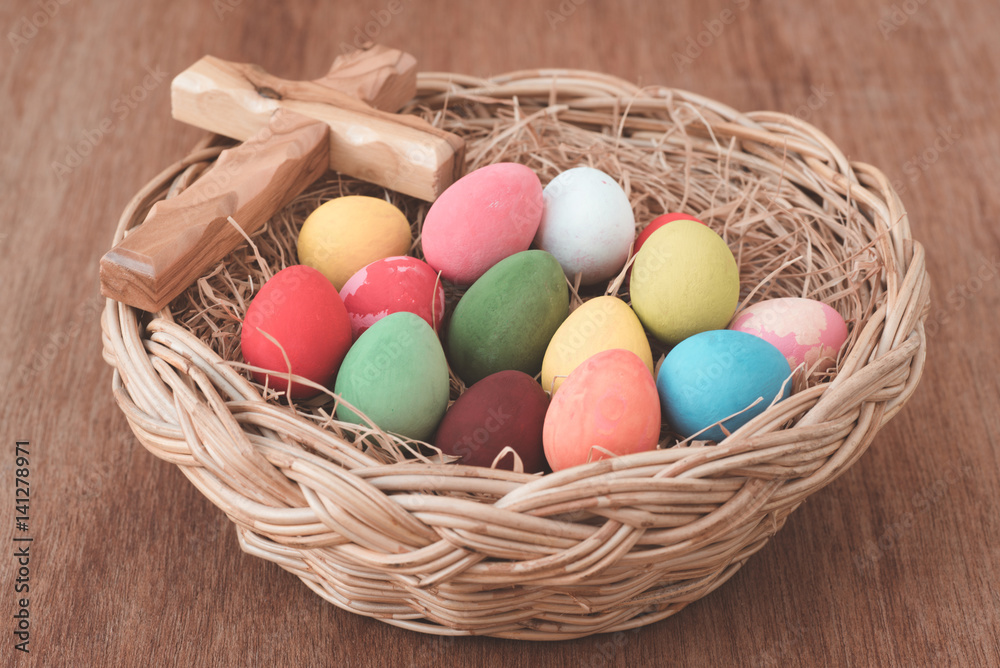 Easter eggs in the nest with cross Easter eggs in the nest with cross