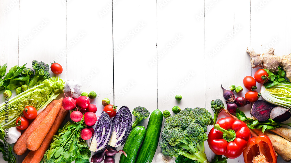Big set organic food. Fresh raw vegetables. On a white chalkboard. - obrazy, fototapety, plakaty 