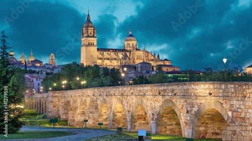 Romana Bridge with New Cathedral at the background in the evening, Salamanca, Spain (static image with animated sky)
 photo