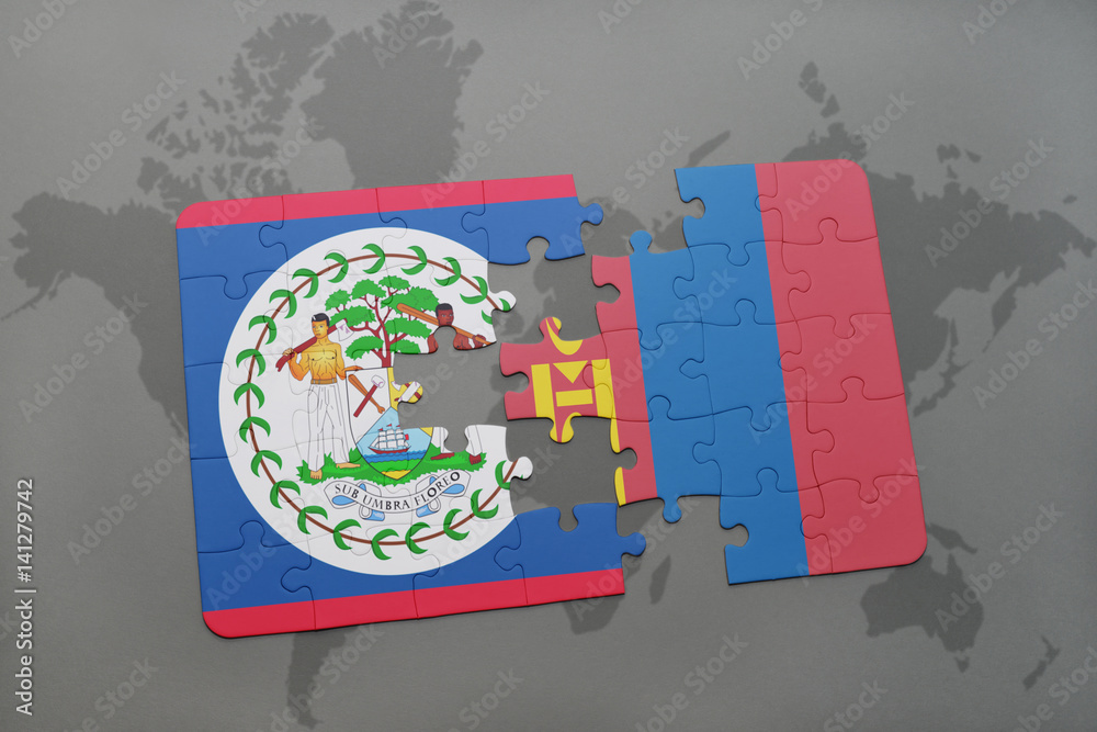 puzzle with the national flag of belize and mongolia on a world map ...