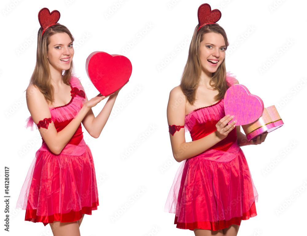 Girl in pretty pink dress with gift box isolated on white Girl in pretty pink dress with gift box isolated on white
