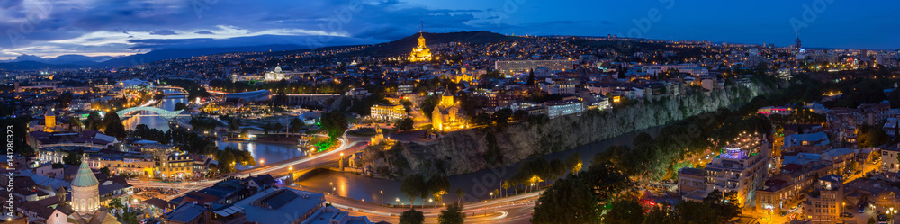 Tbilisi Georgia. Scenic Panoramic Top View Of Cityscape In Eveni
