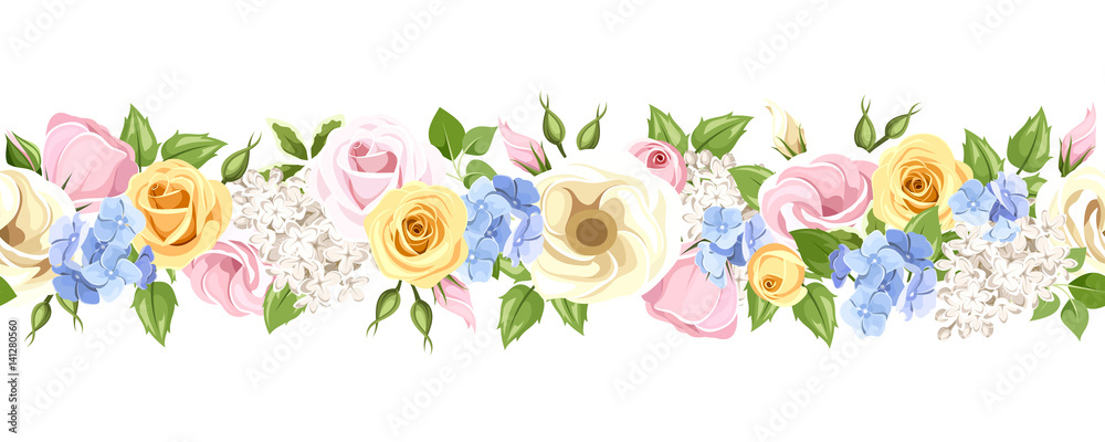 Vector horizontal seamless garland with pink, yellow, blue and white roses, lisianthuses, lilac and hydrangea flowers and green leaves.