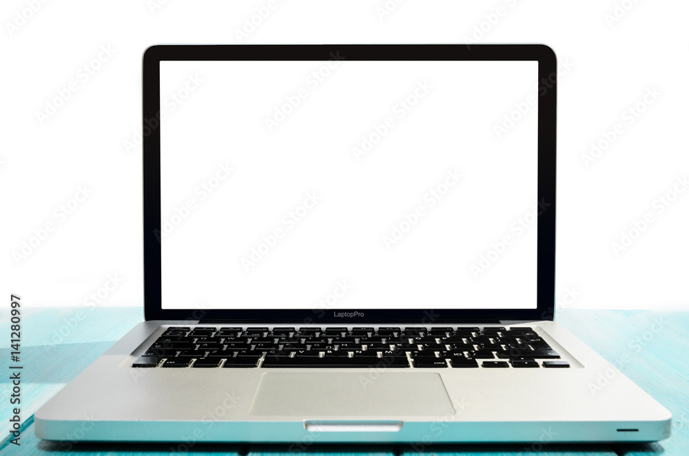 Work on the go. Modern laptop computer on blue wooden table against white background Work on the go. Modern laptop computer on blue wooden table against white background