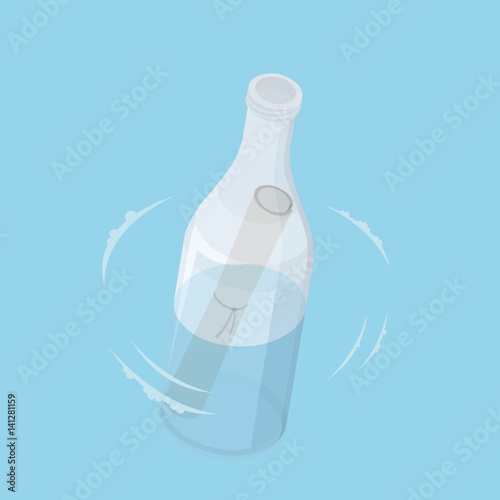 Message in bottle drifting in water. Isometric view. Vector flat illustration.