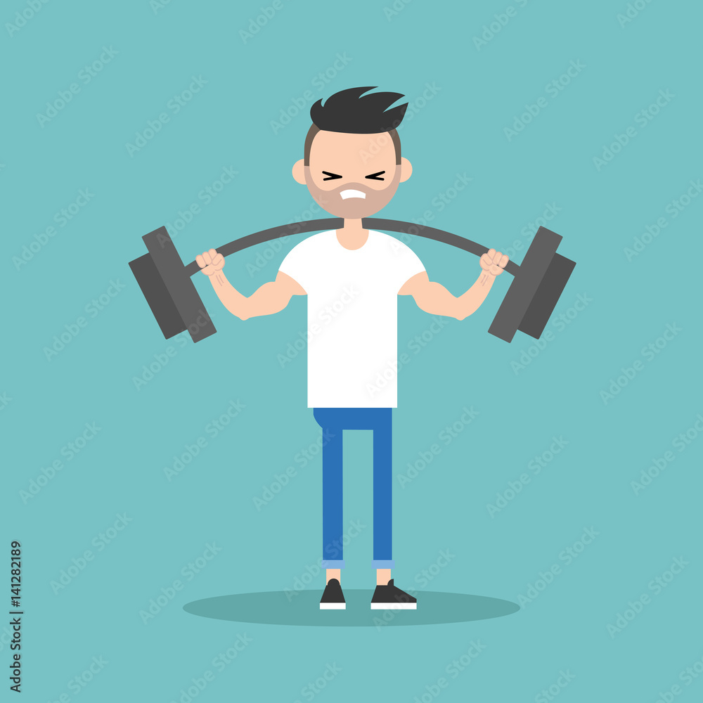 Young bearded man lifting a heavy weight barbell. Weightlifter holding a barbell in the gym / Vector flat editable illustration, clip art Young bearded man lifting a heavy weight barbell. Weightlifter holding a barbell in the gym / Vector flat editable illustration, clip art