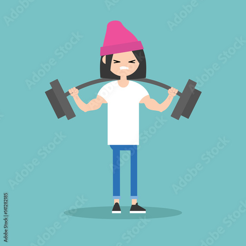 Young girl lifting a heavy weight barbell / Vector flat editable illustration, clip art