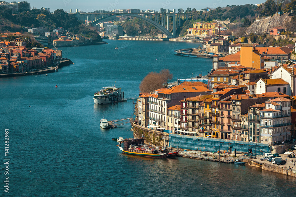 View of Douro river between Villa Nova da Gaia and Porto, Portugal.